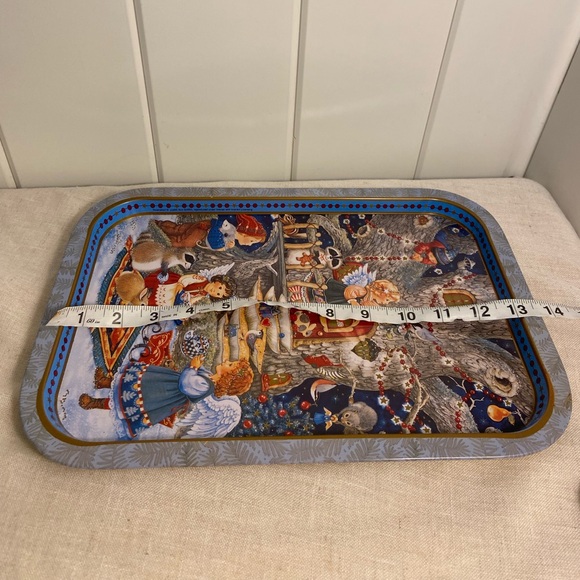 Vintage Cherub Treehouse Christmas Metal Tray Judith Ann Griffith print 90s - Picture 11 of 16